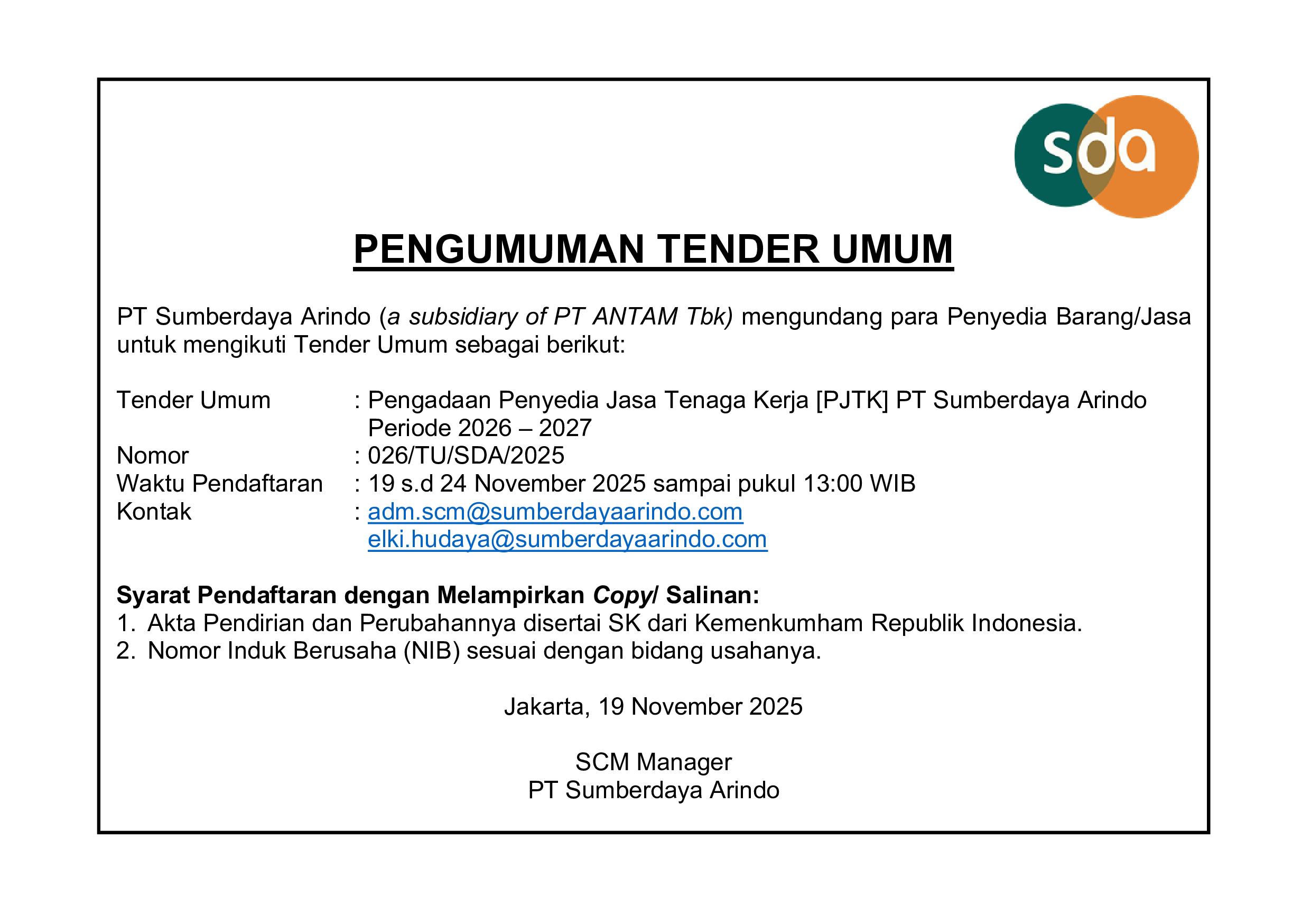 Pengadaan Penyedia Jasa Tenaga Kerja [PJTK] PT Sumberdaya Arindo Periode 2026 - 2027
