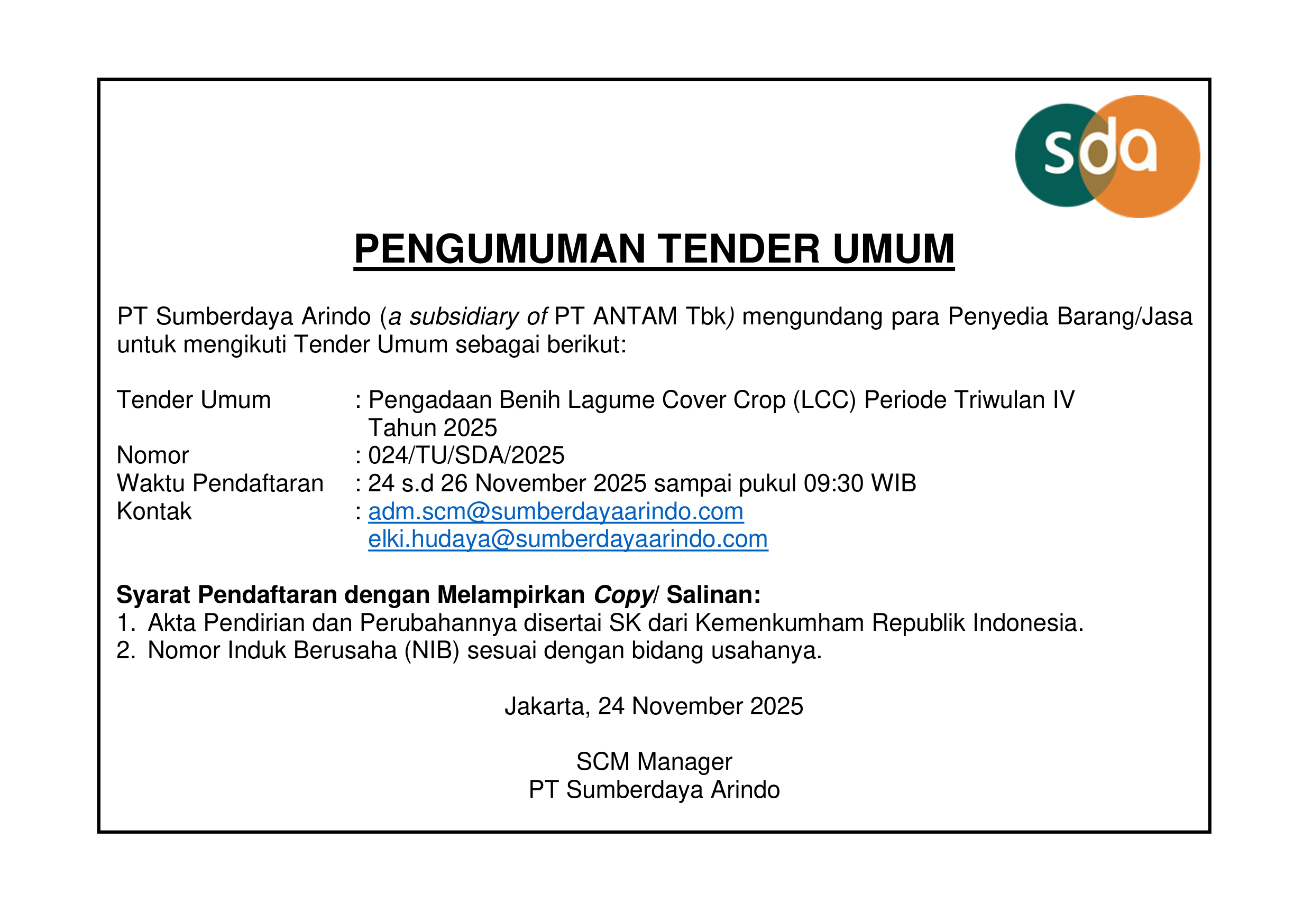 Tender Umum Pengadaan Benih Lagume Cover Crop (LCC) Periode Triwulan IV Tahun 2025