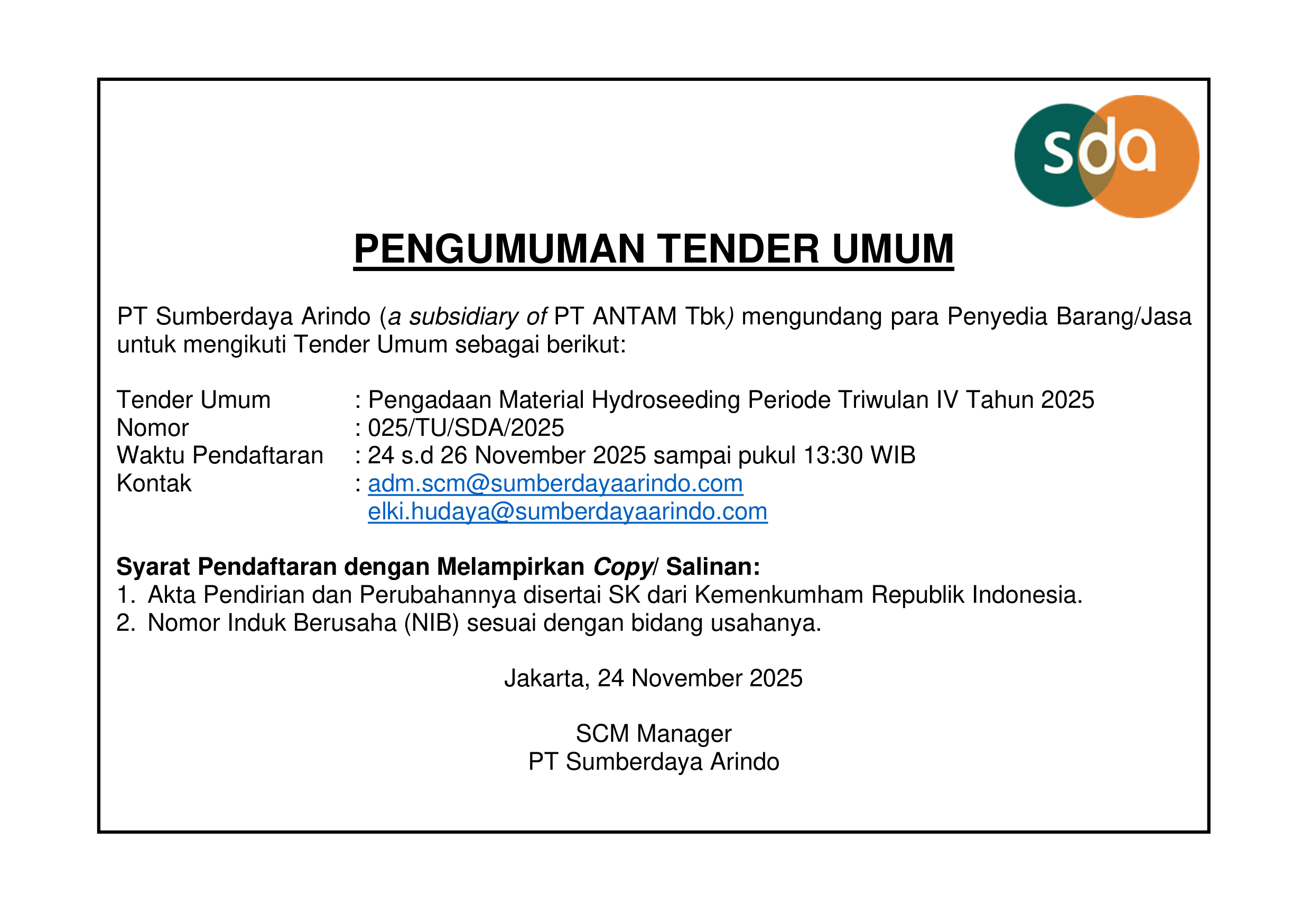 Tender Umum Pengadaan Material Hydroseeding Periode Triwulan IV Tahun 2025